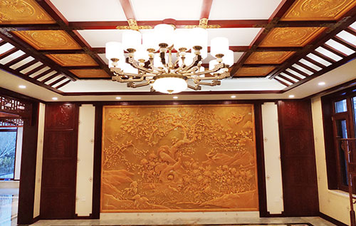 仁化中式别墅客厅中式木作横梁吊顶装饰展示
